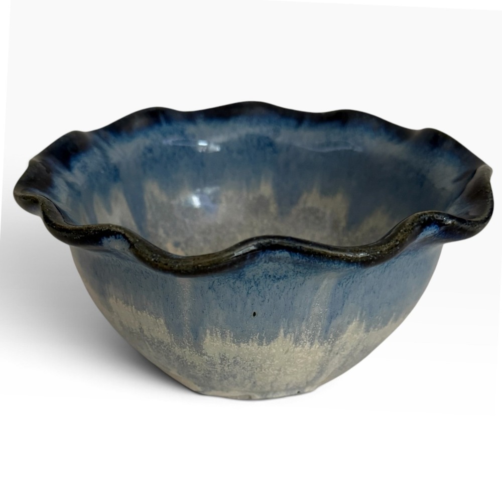 Studio Pottery Ruffled Rim Bowl Ceramic Blue White Drip Glaze Serving Dish 7.5in